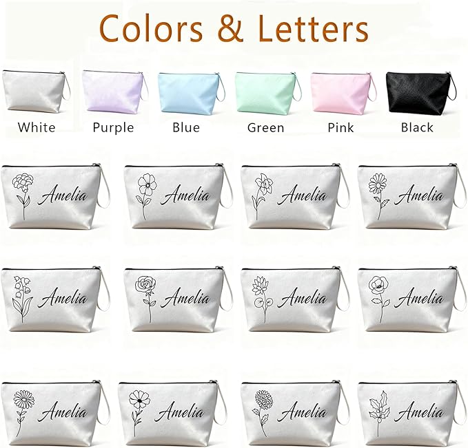 Personalized Makeup Bag Initial&Birth Flower Custom Small Travel Cosmetic Bag with Name Cute Makeup Bag for Women Girls