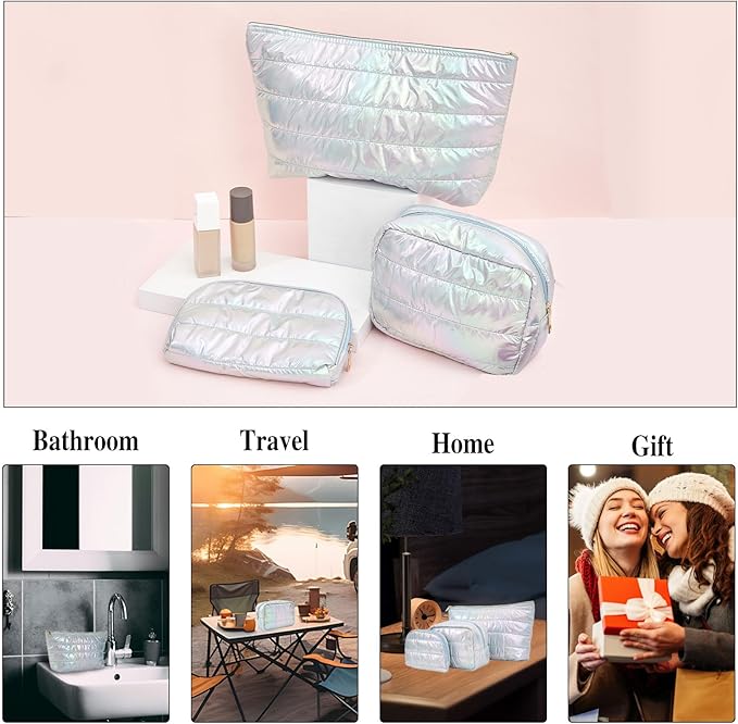 Hiroyuki Iridescent Quilted Makeup Bag, 3pcs Cute Makeup Bag Set, Large Capacity Cosmetic Organizer Travel Toiletry Pouch (plain, cyan)