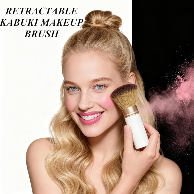 Makeup Brush Retractable Kabuki Brush for Liquid, Powder, Cream, Foundation, Powder Blush, Bronzer, and Flawless Face - White, Travel Size