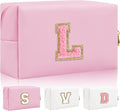 Personalized Initial Letter Patch Makeup Bag, Preppy Small Chenille Letters Cosmetic Bag with Zipper, PU Leather Waterproof Travel Toiletry Bag Monogram Make Up Pouch for Women Girls(Letter L)