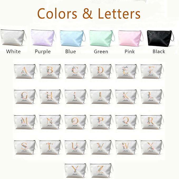 Personalized Makeup Bag Initial&Birth Flower Custom Small Travel Cosmetic Bag with Name Cute Makeup Bag for Women Girls