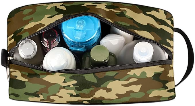 Green Camo Portable Travel Toiletry Bag, Camouflage Print Dopp Kit Cosmetic Organizer Makeup Bag Shower Shaving Bag for Men Women