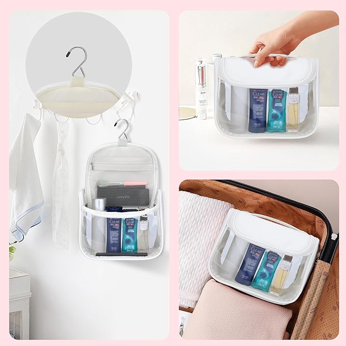 YFG Travel Toiletry Bag for Women & Men, Transparent Cosmetic Organizer with Hook, Portable, Organizer, for Travel-Sized Shampoo, makeup Accessories, Brushes Set, Conditioner, Medium Size White
