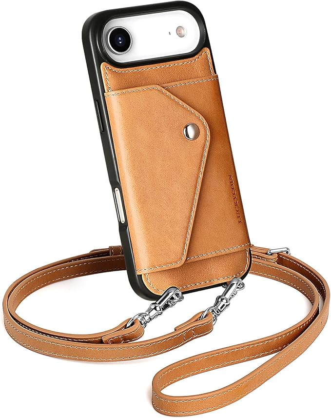 LUCKYCOIN Crossbody Wallet Phone Case for iPhone Air,100% Genuine Leather Wallet Phone Case with Expandable Flip Card Holder,Phone Purse for Women with Adjustable Removable Strap - Brown