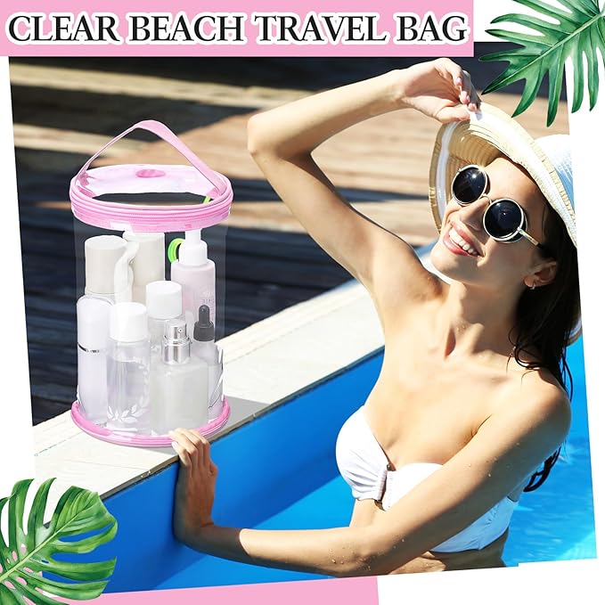 Clear Lotion Bag for Toiletry Cylinder Makeup Bag Heavy Duty Sunscreen Travel Organizer Pouch Waterproof Cosmetic Bag with Handle Zipper Gift for Christmas Beach Pool Airport Women(Pink)
