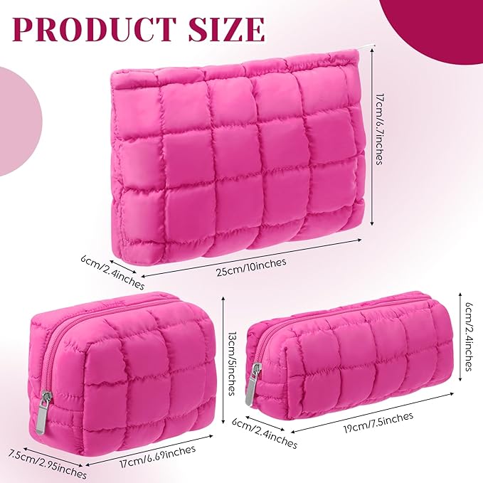 3 Pcs Puffy Makeup Bag Quilted Cosmetic Pouch for Women Cute Checkered Travel Toiletry Bag Puffer Makeup Organizer Purse Pouch Preppy Pencil Case with Zipper(Hot Pink)