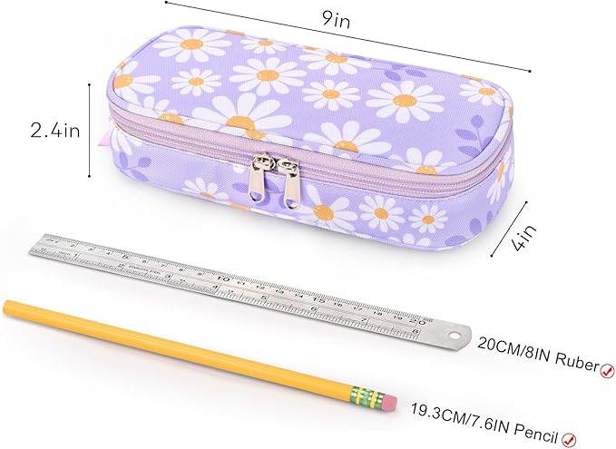 mibasies Girls Pencil Case for Kids, Multi-Slot Pencil Pouch, Daisy Purple