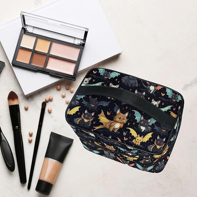 MNSRUU Makeup Bags, Gothic Skull Cat Bat Makeup Organizer Bags Toiletry Bag Box Travel Cosmetic Bag Make Up Train Case for Women Teen Girl Ladies
