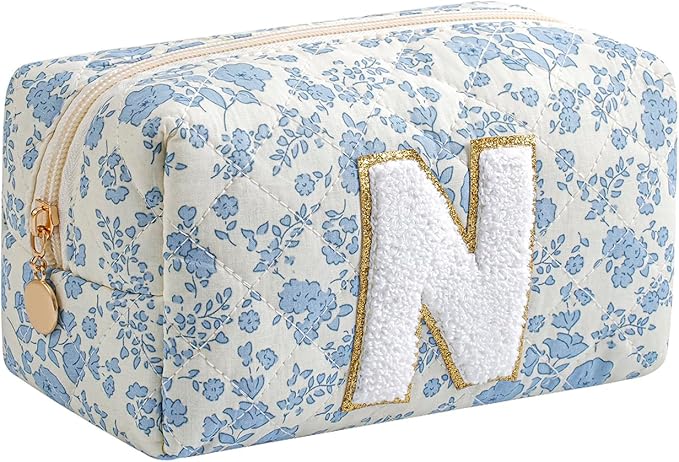 Gleyemor Personalized Initial Makeup Bag for Women, Cute Quilted Blue Floral Cotton Cosmetic Bag, Christmas Gifts for Her Mom Friend Sister Bridesmaid Teacher Women N