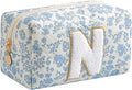 Gleyemor Personalized Initial Makeup Bag for Women, Cute Quilted Blue Floral Cotton Cosmetic Bag, Christmas Gifts for Her Mom Friend Sister Bridesmaid Teacher Women N