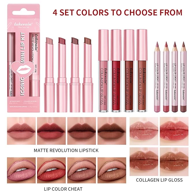3PCS Lip Liner and Lipstick Combo Set - Matte Lip Liner Pencil, Velvet Matte Lipstick & Hydrating Collagen Lip Gloss - Long-Lasting, Smudge-Proof, Nude Brown Lip Makeup Kit (#3 Reddish Brown)