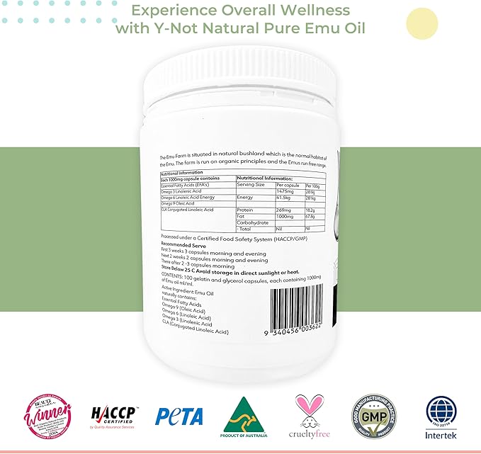Emu Oil Capsules - Heart, Hair, Metabolism & Joint Support Supplement - Pharmaceutical Grade Emu Oil with CLA, Omegas 3, 6 & 9 with Vitamin K2, A & E by Y-Not Natural - 1000mg, 500 Capsules