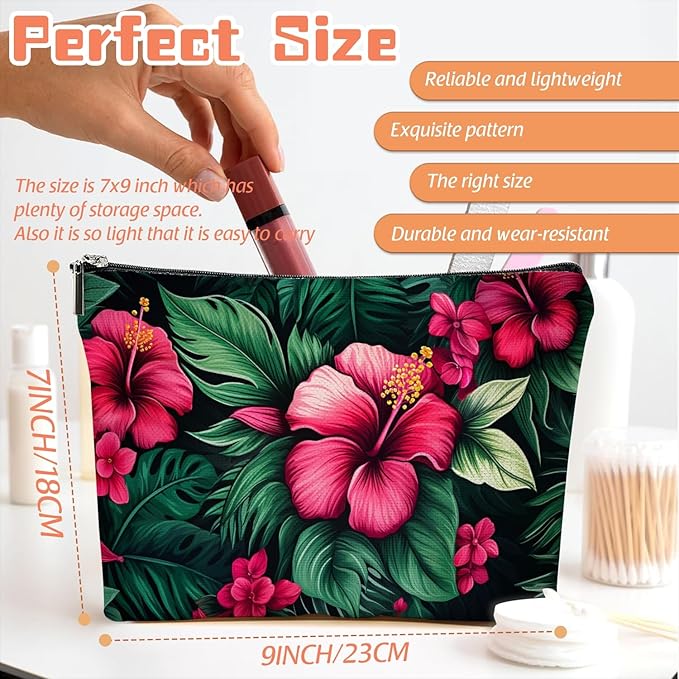 Makeup Bag Travel Cosmetic Bags Small Makeup Case Waterproof Zipper Pouch for Women Girls 7X9inches - Bold Hibiscus Flowers with Green Foliage