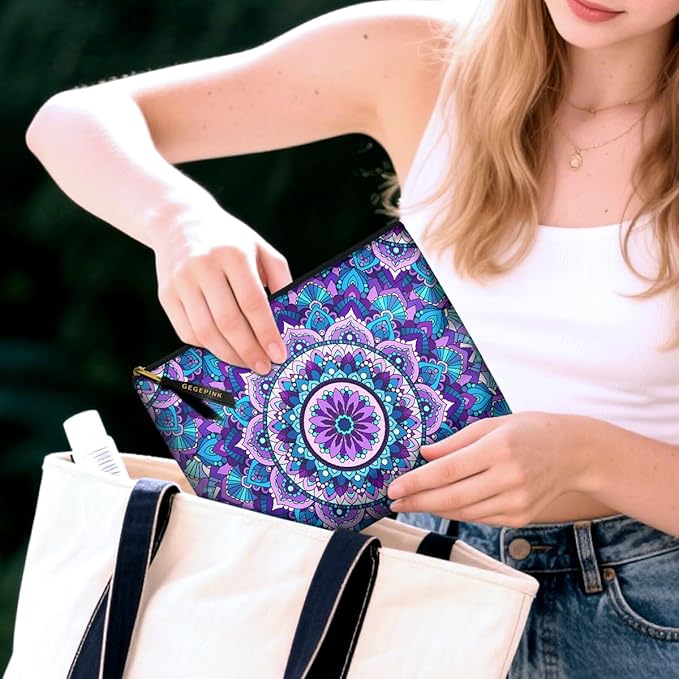 Cute Makeup Bag for Purse Waterproof Cosmetic Bags for Women Funny Smooth Zipper Travel Toiletry Pouch 10X8 Inches-Purple Mandala Makeup pouch