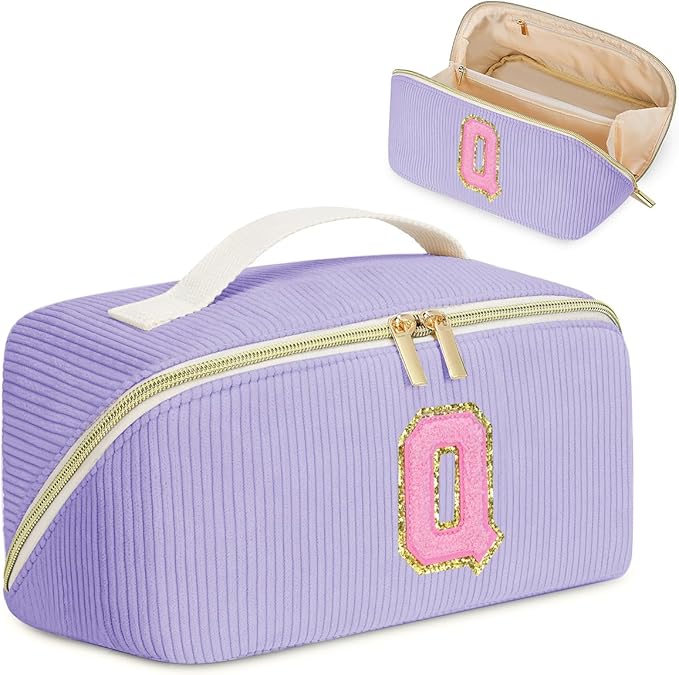 Personalized Initial Makeup Bag,Christmas Gifts for Girl,Preppy Bag Cosmetic Travel Bag Women,Travel Toiletry Organizer,Large Capacity Corduroy Stuff Bag,Cute Cosmetic Pouch Skincare Bag-Q