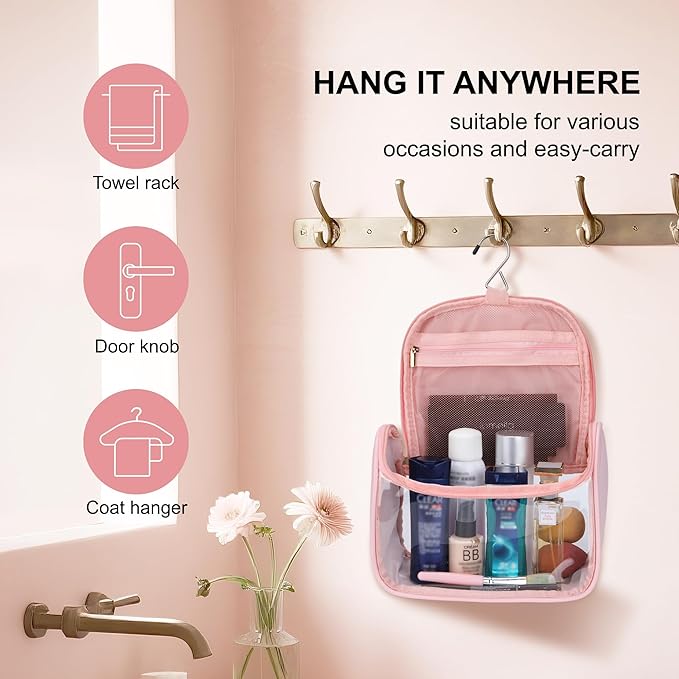 YFG Travel Toiletry Bag, Transparent Cosmetic Organizer with Hook, Portable, Organizer, for Travel-Sized Shampoo, makeup Accessories, Brushes Set, Conditioner, Medium Size