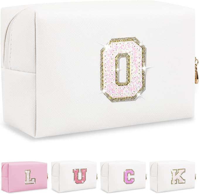 Personalized Initial Letter Makeup Bag, Small Glitter Letter Patch Cosmetic Pouch Zipper, Preppy Makeup Organizer PU Waterproof Travel Toiletry Bag, Monogrammed Birthday Gift for Women Girls