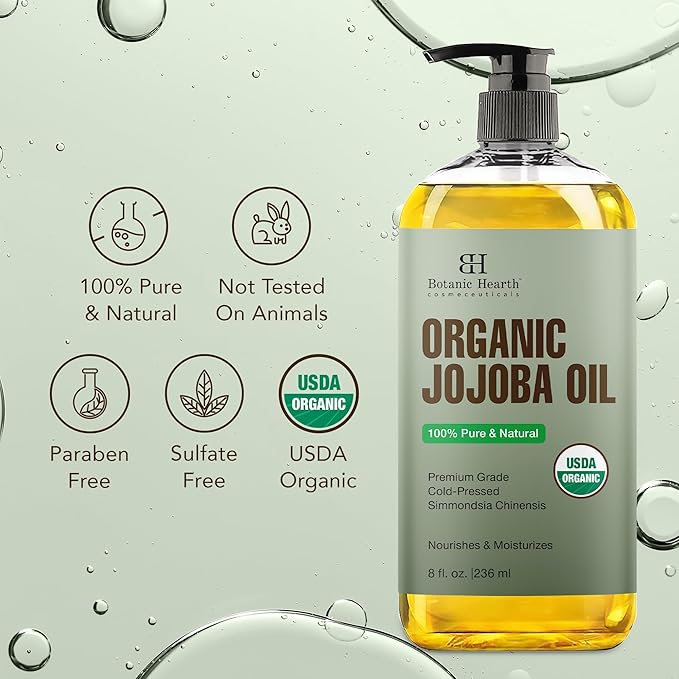 Botanic Hearth Organic Jojoba Oil (Styling Oil, 8 fl oz) | 100% Pure, Cold Pressed & Hexane Free | Ideal for Skin, Hair & Nails