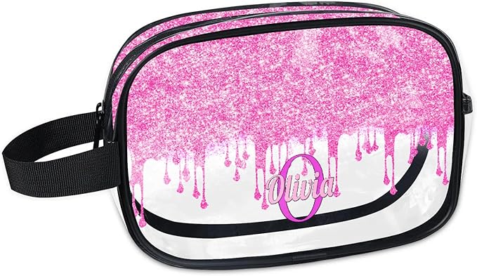 Custom Travel Toiletry Bag for Women, Clear PVC Large Makeup Bag, Cosmetic Bag, Comestic Essentials for Women, Light Pink Curtain Glittering