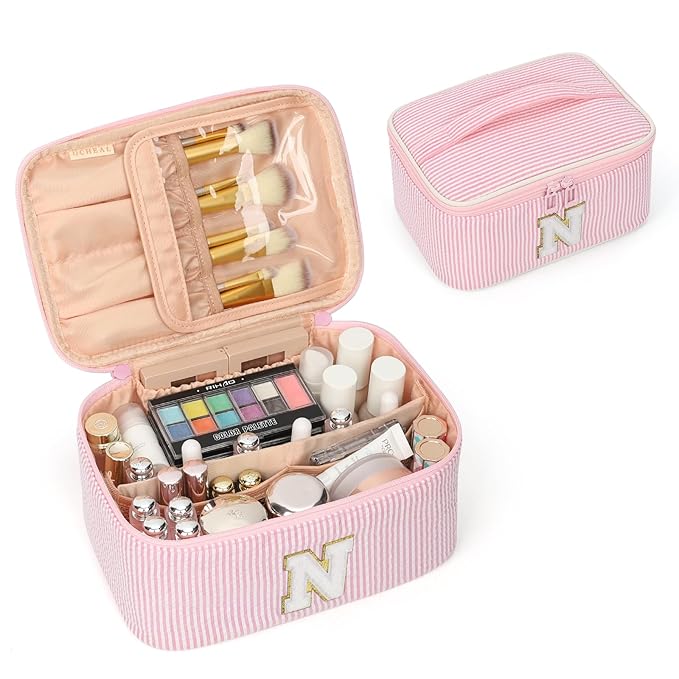 OCHEAL Makeup Bag for Women, Monogram Cosmetic Bag with Brush Holder, Pink Travel Makeup Case Beauty Toiletry Bag Organizer Personalized Gifts for Girls Bridesmaid, Sister, Wife, Friends Initiall N
