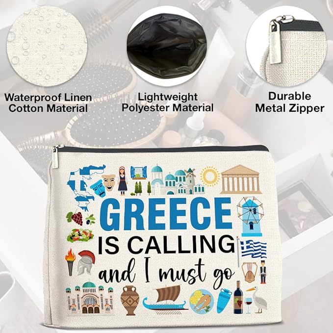 Greece Travel Gifts Makeup Bag Souvenir Gifts for Women Friends Traveler Cosmetic Bag Greece Is Calling Zipper Makeup Pouch Gift