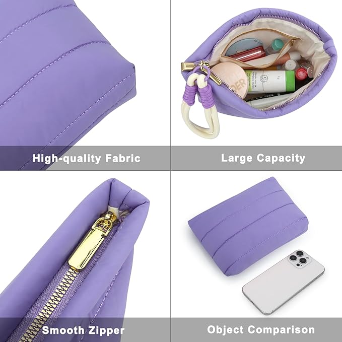 DOB SECHS Striped Quilted Makeup Bag with Wristlet Strap Cute Puffy Cotton Cosmetic Bag for Women, Small Puffer Toiletry Zipper Make Up Pouch, Quilt Clutch Bag Travel Organizer Storage Pouches, Purple