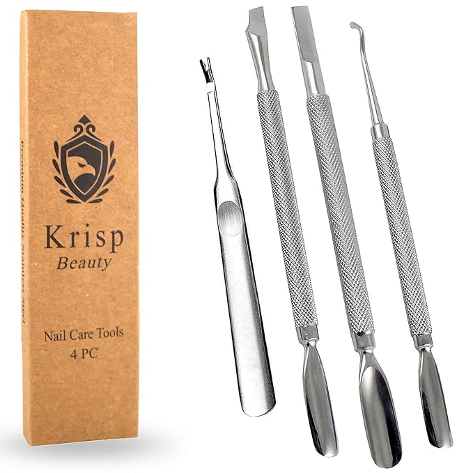 Cuticle Pusher Tools - Professional Nail Cuticle Pusher Cuticle Remover Cuticle Trimmer Ingrown Toenail Lifter Nail Cleaner Dual Sided Stainless Steel Manicure Pedicure Women 4 Pack Set Krisp Beauty