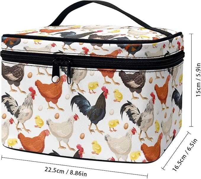 Cute Farm Chicken Rooster Print Travel Makeup Bag for Women Large Capacity Cosmetic Bags with Zipper And Handle Make Up Tote Bags Organizer Portable Brushes Case Toiletry Bags