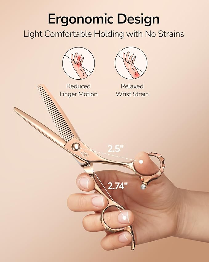 ULG Professional V-Tooth Hair Thinning Scissors Luxury 18K Rose Gold Coated 6.5" Barber Scissors 440C Japanese Stainless Steel Hand-Honed Convex Blades Offset Handles Tension Adjustable, Right-Handed