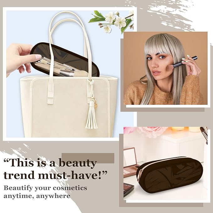 Nylon Small Clear Makeup Bag, Slim Black Makeup Brush Case, Waterproof Travel Toiletry Bag, Zipper Pouch for Purse, Make Up Organizer for Women (Brown)