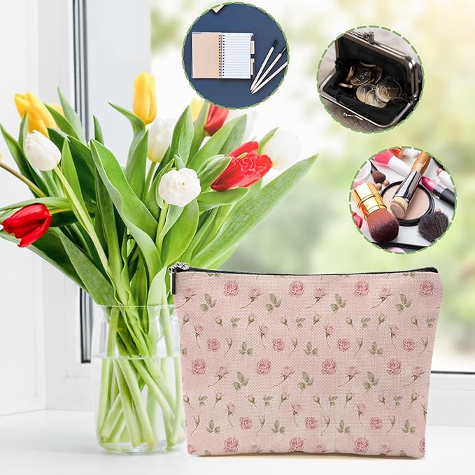 2pcs Pink Vintage Roses Floral Makeup Bag, Pink Coquette Roses Flower Cosmetic Bag Rose Gifts for Women Female Girls Sister BFF Nature Lover, Travel Zipper Pouch Christmas Thanksgiving Birthday Gifts