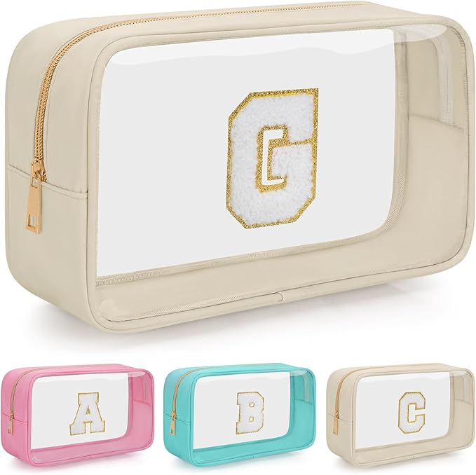 Personalized Initial Clear Makeup Bag, Travel Chenille Patch Cosmetic Bag, Preppy Toiletry Bag Monogram Cosmetic Pouch with Zipper, Ideal Gift for Teen Girls Women (Clear-Beige, G)