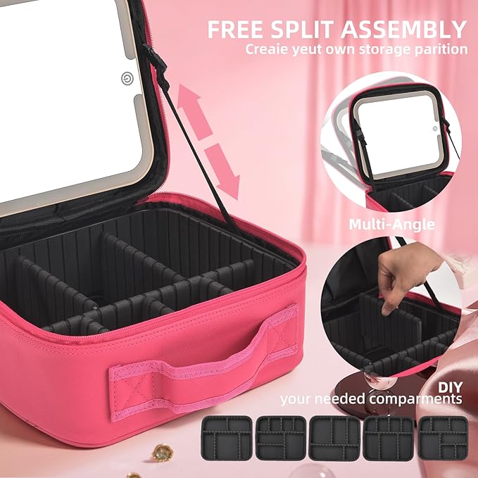 Travel Makeup Bag with LED Mirror,Removable Mirror with 3 Color Modes,Portable makeup travel organizer for Women,Makeup Case with 8 Adjustable EVA Dividers,Cosmetic Train Case with Lighted Mirror