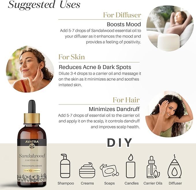 Avatra Sandalwood Essential Oil 100ML (3.38 OZ) with Glass Dropper and Travel Bottle, Pure and Natural Therapeutic Grade Sandalwood Oil for Diffuser, Aromatherapy, Massage, and DIY Candle Products
