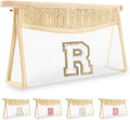 Personalized Initial Letter Bag Boho Straw Clear Makeup Bag,Small Cute Chenille Varsity Letter Pouch With Zipper,Beach Travel Toiletry,Portable Monogrammed Cosmetic Bag for Women Girls,R