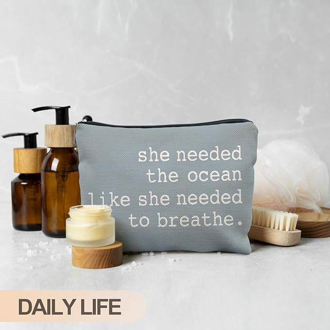 Blue Beach Makeup Bag, Ocean Lover Gifts Cosmetic Bags for Women, Gifts for Beach Lovers, She Needed the Ocean Like She Needed to Breath Zipper Makeup Pouch