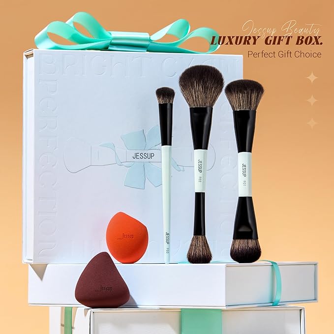 Jessup Face Makeup Brushes with Makeup Sponge, 3pcs Double Ended Makeup Brush for Foundation Contour Blush Highlight and Concealer Brush, Premium Synthetic Brush Set with Gift Box, T510