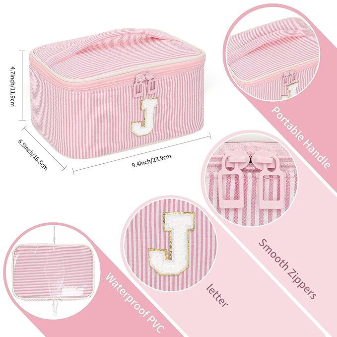 OCHEAL Makeup Bag for Women, Monogram Cosmetic Bag with Brush Holder, Pink Travel Makeup Case Beauty Toiletry Bag Organizer Personalized Gifts for Girls Bridesmaid, Sister, Wife, Friends Initial J