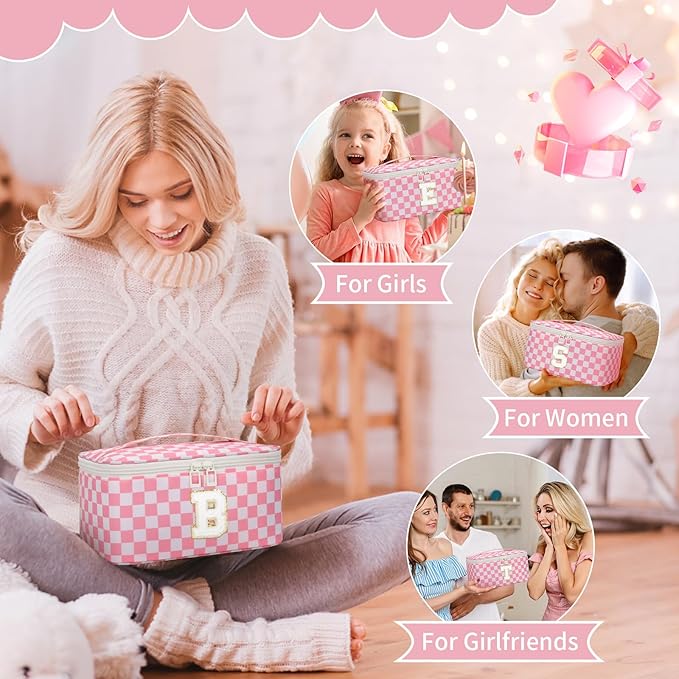 OCHEAL Makeup Bag for Women, Monogram Cosmetic Bag with Brush Holder, Pink Travel Makeup Case Beauty Toiletry Bag Organizer Personalized Gifts for Girls Bridesmaid, Sister, Wife, Friends Initial S