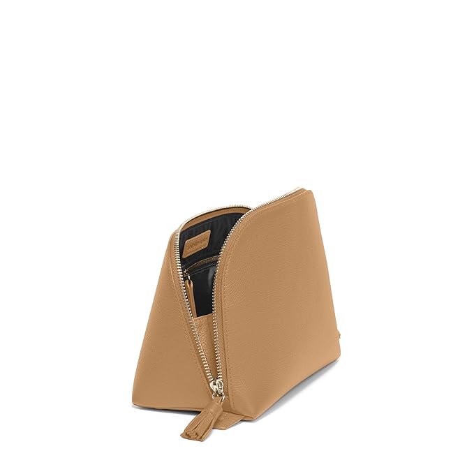 Leatherology Camel Clamshell Makeup Bag – Leather Cosmetic Bag with Waterproof Lining, Interior Zip Pocket & Double Tassel Zip Closure for Travel or Vanity Organization