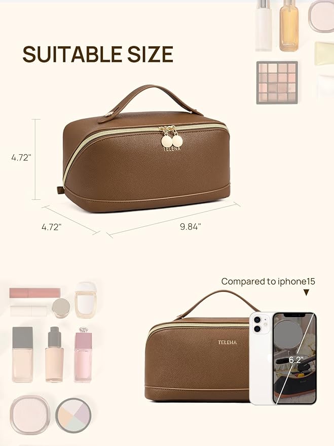 Telena Leather Make Up Bag Portable Travel Makeup Bag Waterproof Cosmetic Bags for Women Large Capacity With Handle and Divider Open Flat