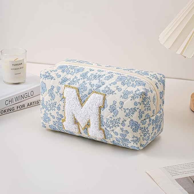 Gleyemor Personalized Initial Makeup Bag for Women, Cute Quilted Blue Floral Cotton Cosmetic Bag, Christmas Gifts for Her Mom Friend Sister Bridesmaid Teacher Women M