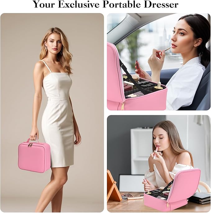 Travel Makeup Bag With LED Mirror,Cosmetic Train Case with 3 Color Setting,Cosmetic Makeup Organizer Bag with Adjustable Dividers,Portable Make up Box with Make up Brushes Holder Storage（Pink）