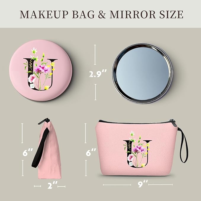 Birthday Thank You Appreciation Monogrammed Gifts for Mom Aunt Teacher Sister Friend Coworkers Bride Bridesmaid Makeup Cosmetic Bag with Mirror Mothers Day Christmas Graduation U