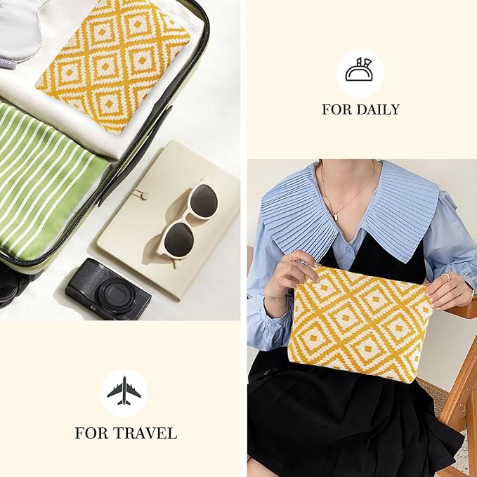 STARDW Parallel Checkered Makeup Bag Cute Cosmetic Bags for Women Girls, Travel Toiletry Bag Large Capacity Zipper Makeup Pouch, Purse Organizer Pouches(Embroidery Yellow)