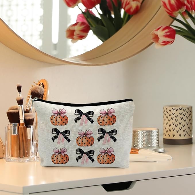 Coquette Halloween Makeup Bags - Bow Pumpkins Cosmetic Gifts for Women