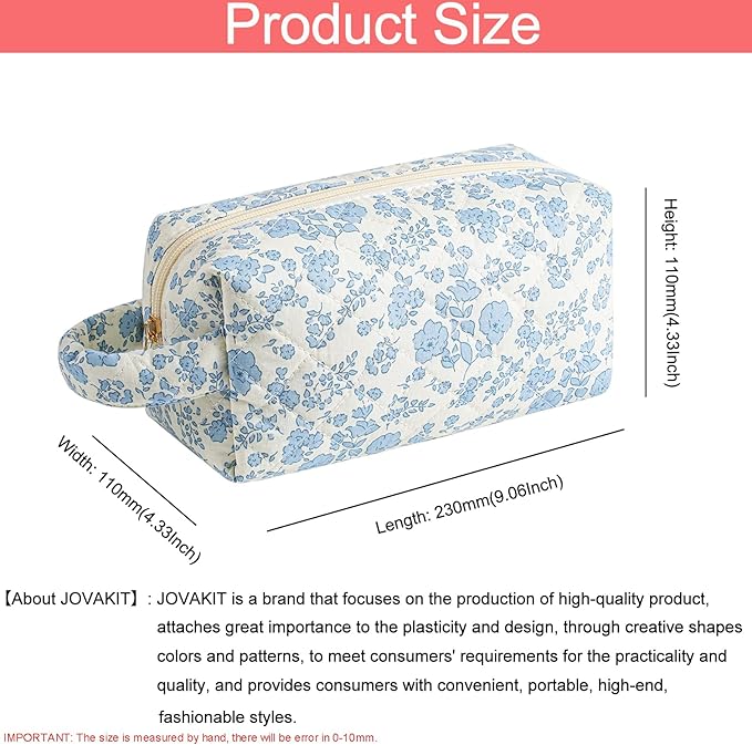 JOVAKIT Travel Makeup Bag Cosmetic Bag for Women, Christmas Gifts, Small Floral Flowers Coquette Toiletry Bag with Handle, Zipper Make Up Pouch Organizer Bag Trendy Stuff (Blue Floral)