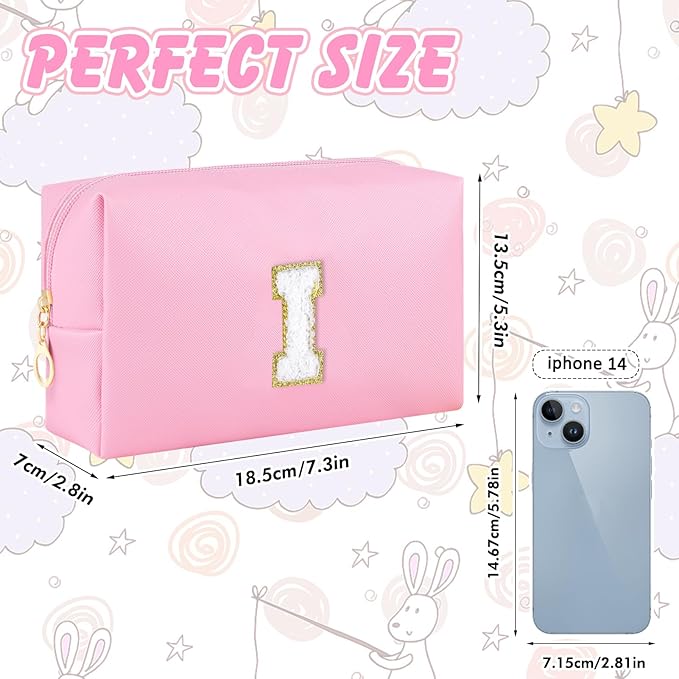 Initial Makeup Bag Personalized Preppy Travel Small Cosmetic Bag Cute PU Pink Chenille Letter Makeup Pouch for Purse Waterproof Zippered Toiletry Organizer for Women Girls Kids Friends (I)