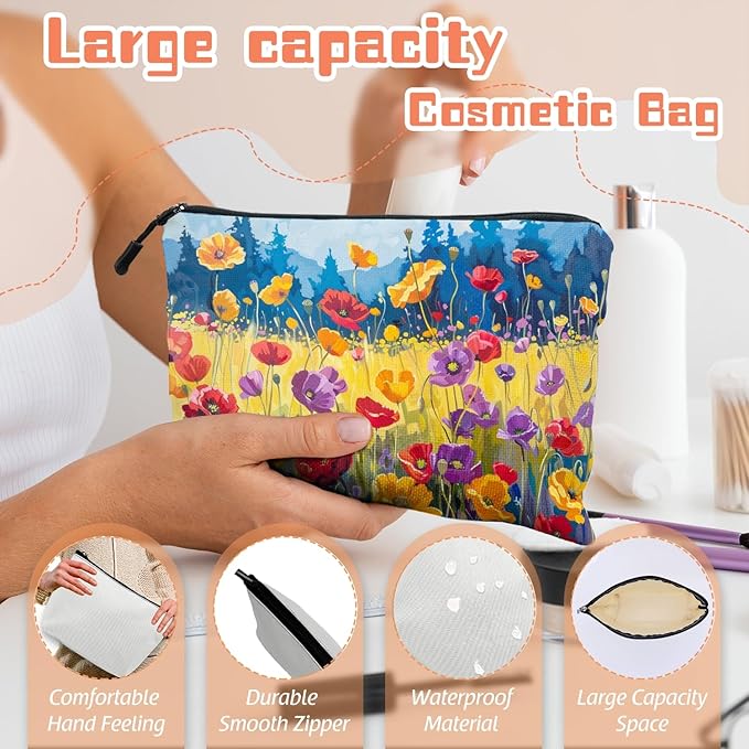 Cosmetic Bags Travel Makeup Toilet Case Waterproof Pouch for Women Girls 6.7X9.45inches - Oil Painting of A Colorful Poppy Field