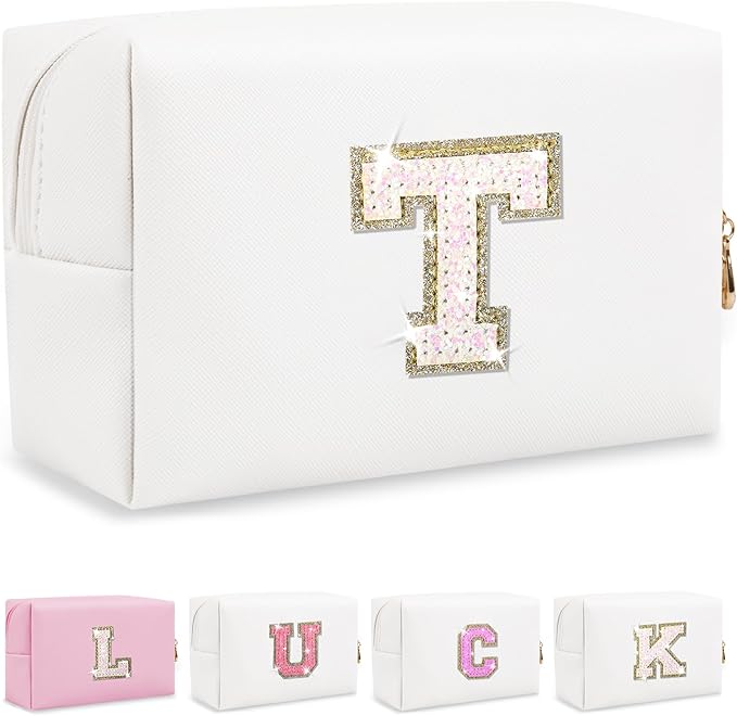 Personalized Initial Letter Makeup Bag, Small Preppy Glitter Cosmetic Pouch PU Waterproof Zipper Travel Toiletry Bag, Unique Letter Patch Makeup Organizer Gift for Women Teen Girls